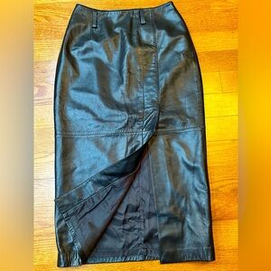 Linda Allard Ellen Tracy Genuine Leather Front Split Long Black Skirt Sz 4P